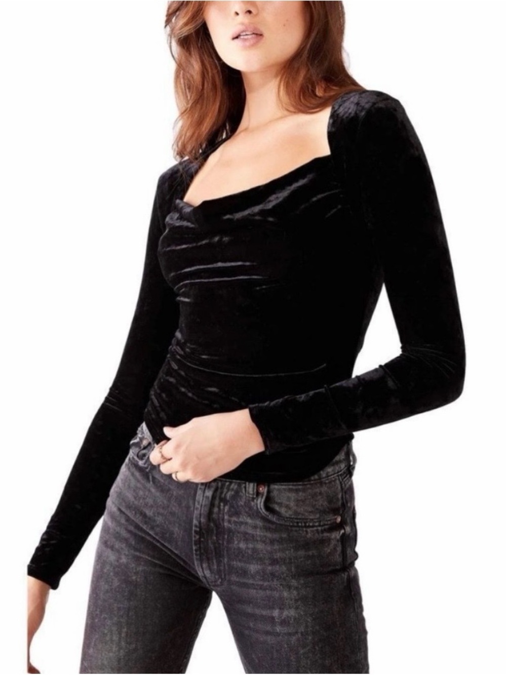 Free People The Perfect Date Velvet Cowl Square Neck Black Long Sleeve Top - XL